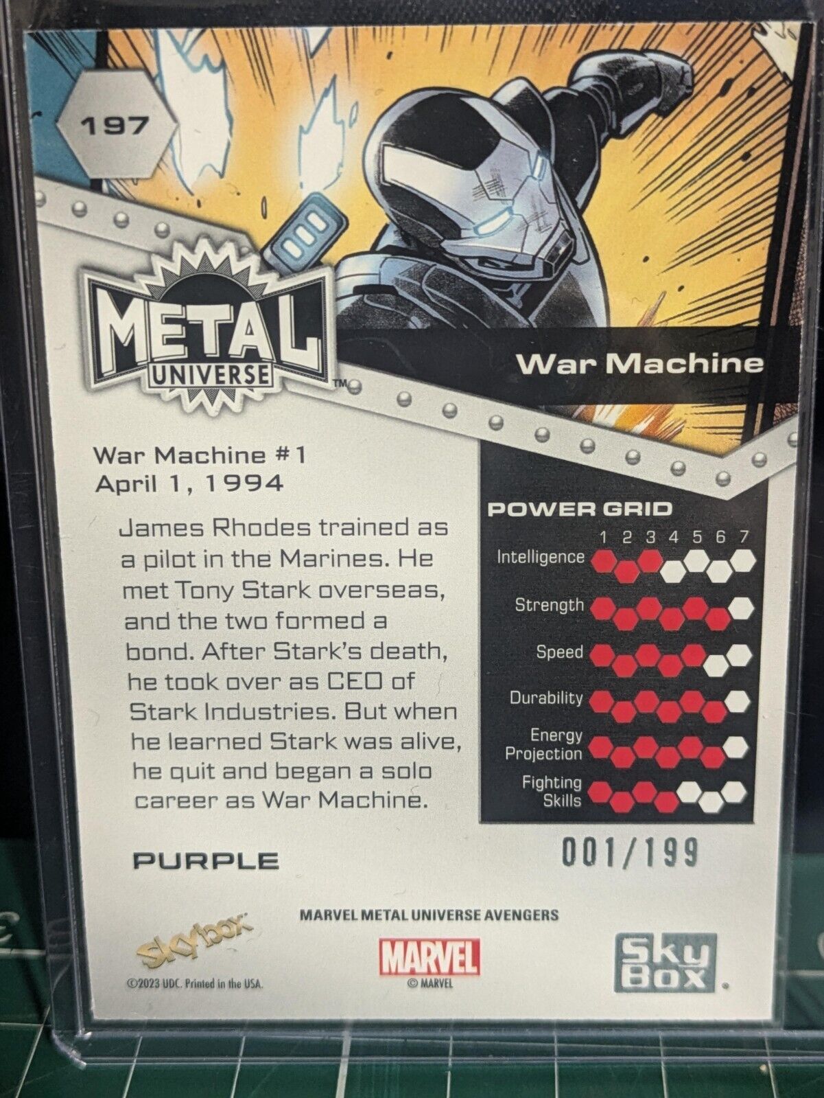 2024 Marvel Metal Universe Avengers | WAR MACHINE Base Purple FX 001/199 #197